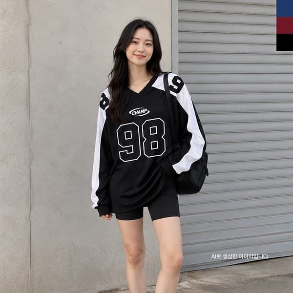 여성 3컬러 하키 배색 긴팔 티셔츠