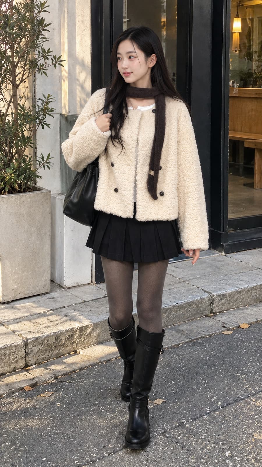 겨울 소프트 퍼 숏 재킷 라운드넥 더블 버튼 데일리 아우터