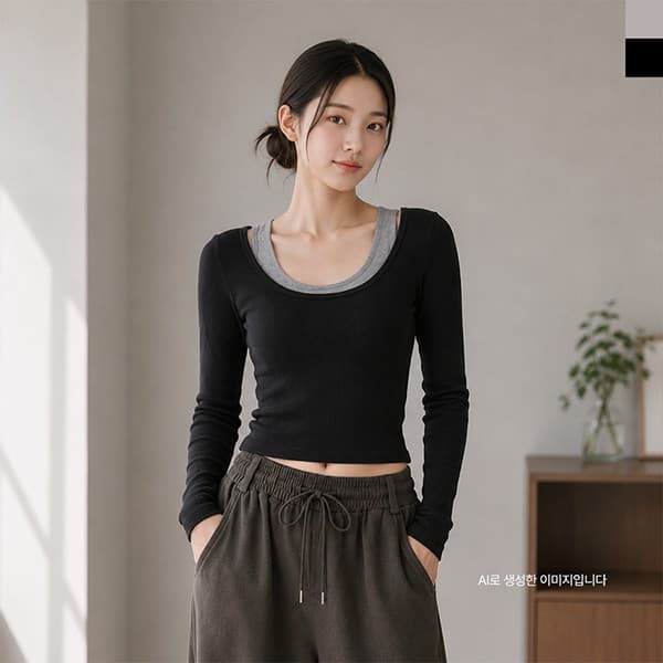 U넥 2컬러 여성 긴팔 슬림 티셔츠