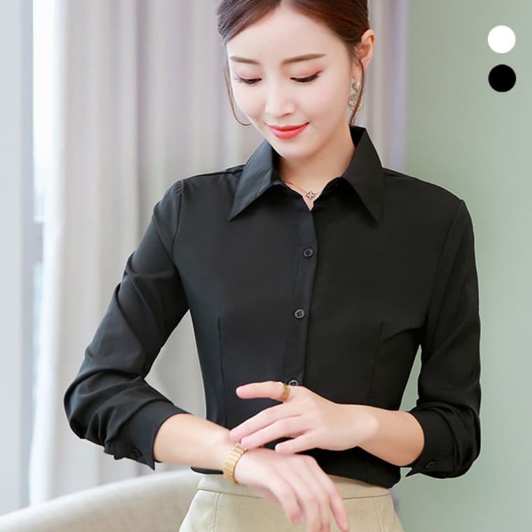 긴팔 카라 여성 셔츠 베이직 무지 슬림핏 허리라인 블라우스