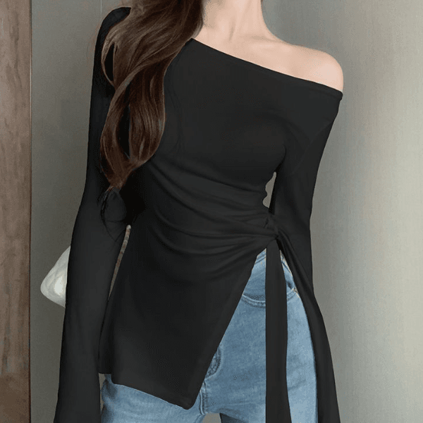 언발 오프숄더 트임 긴팔 티셔츠