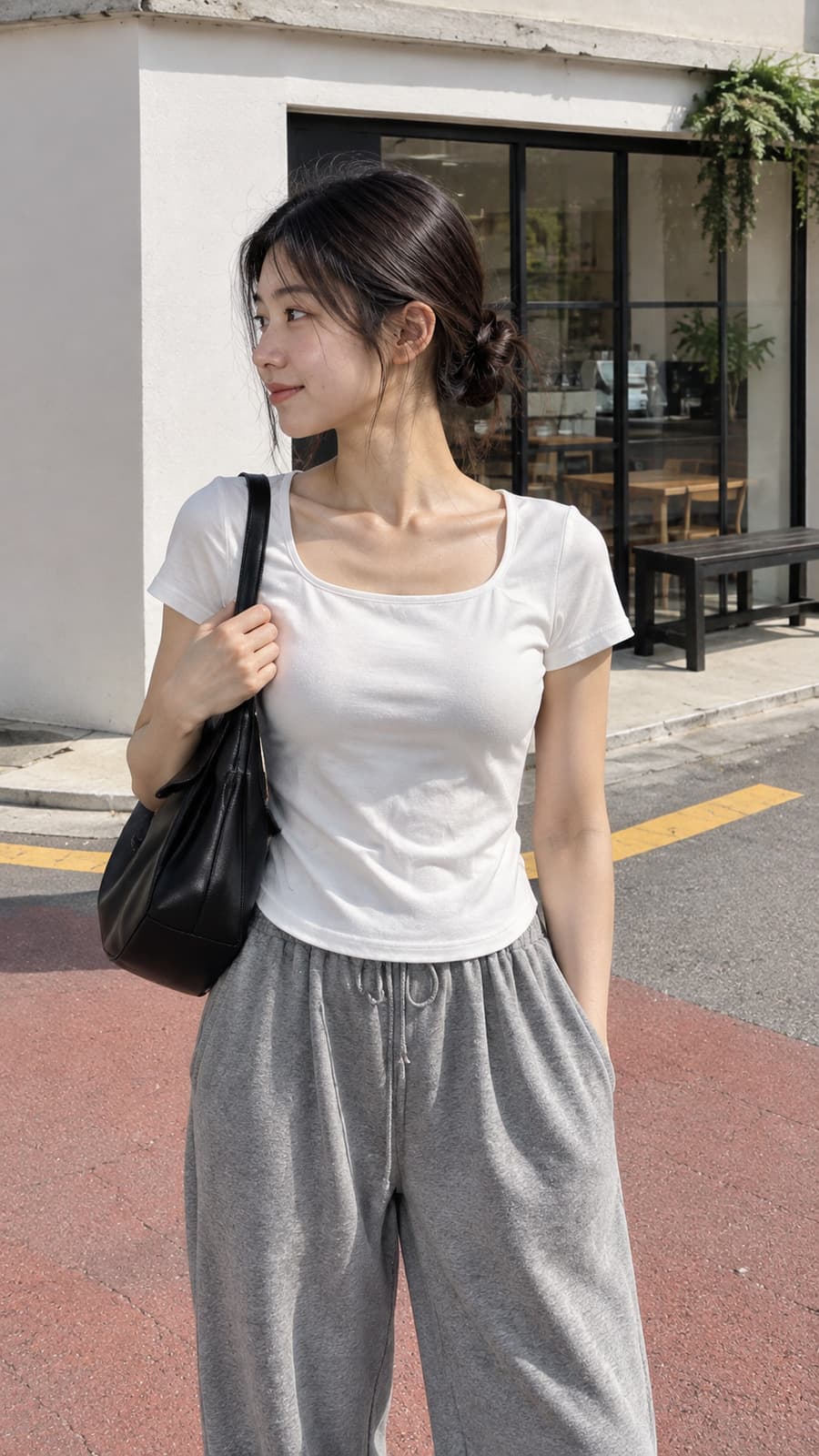 여성 스퀘어넥 트임 반팔 티셔츠 슬림핏