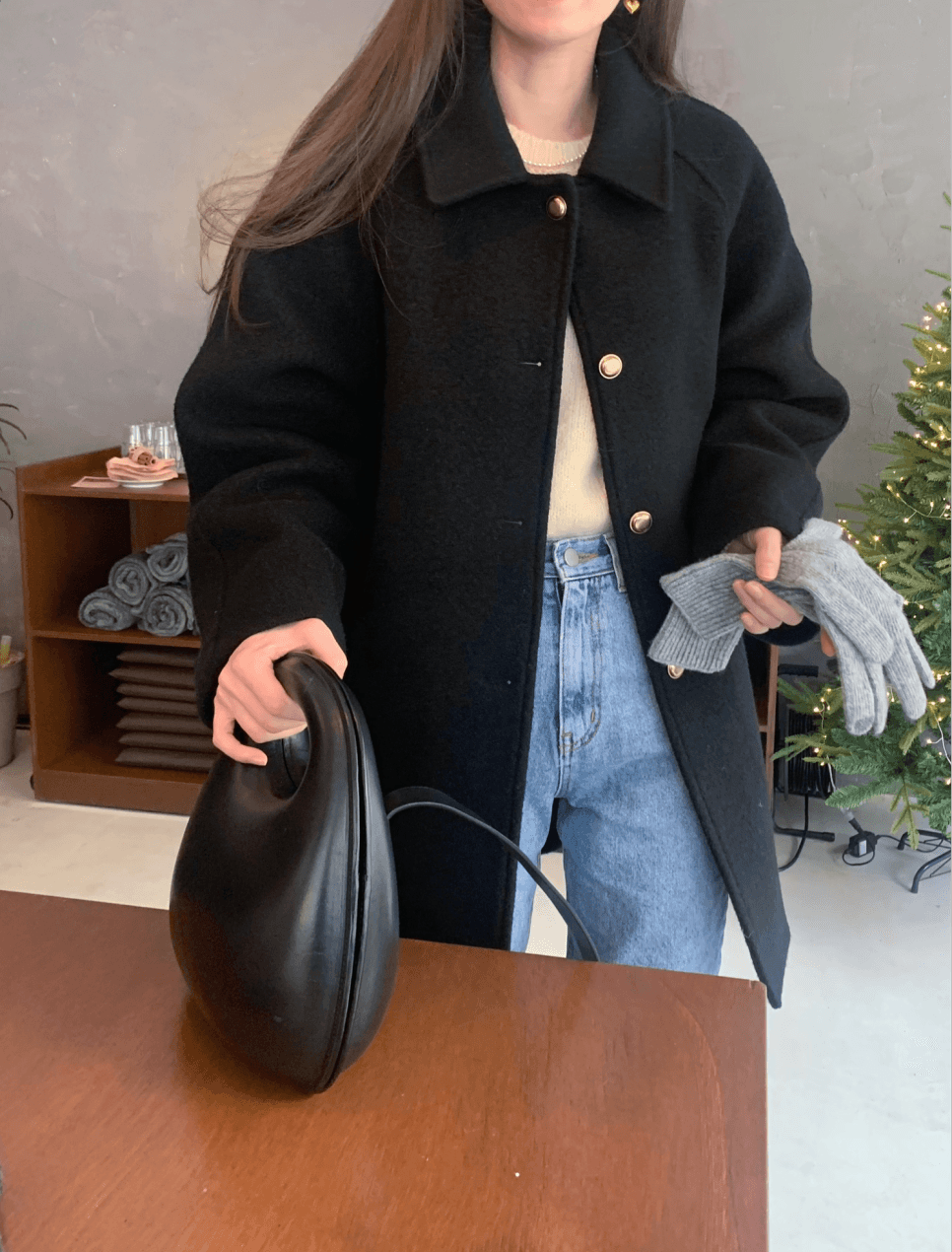 프랑스식 레트로 미니멀리즘 폴로 칼라 싱글 줄 버튼 루즈핏 다용도 모직 외투 클래식