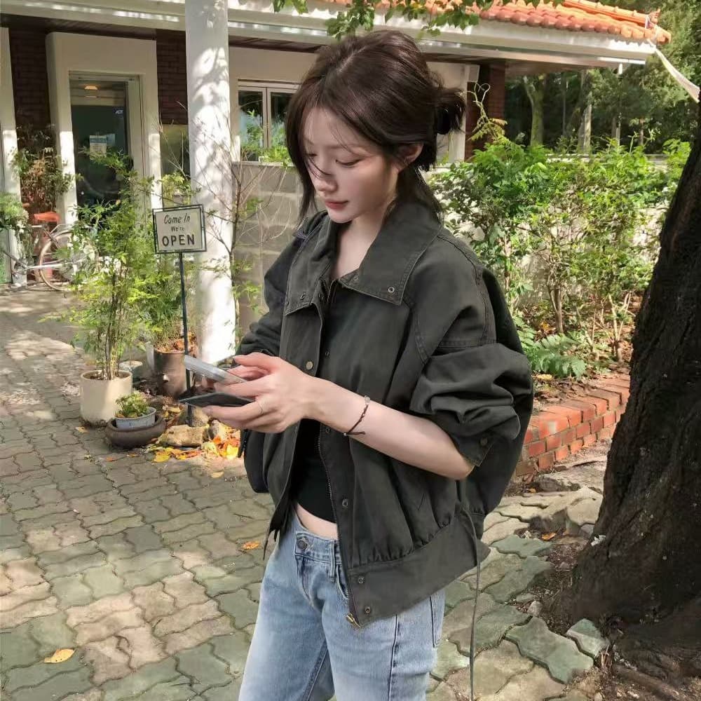 미니멀리즘 반하이넥 캐주얼 다용도 지퍼 루즈핏 허리 수축 바람막이 짧은 외투 재킷