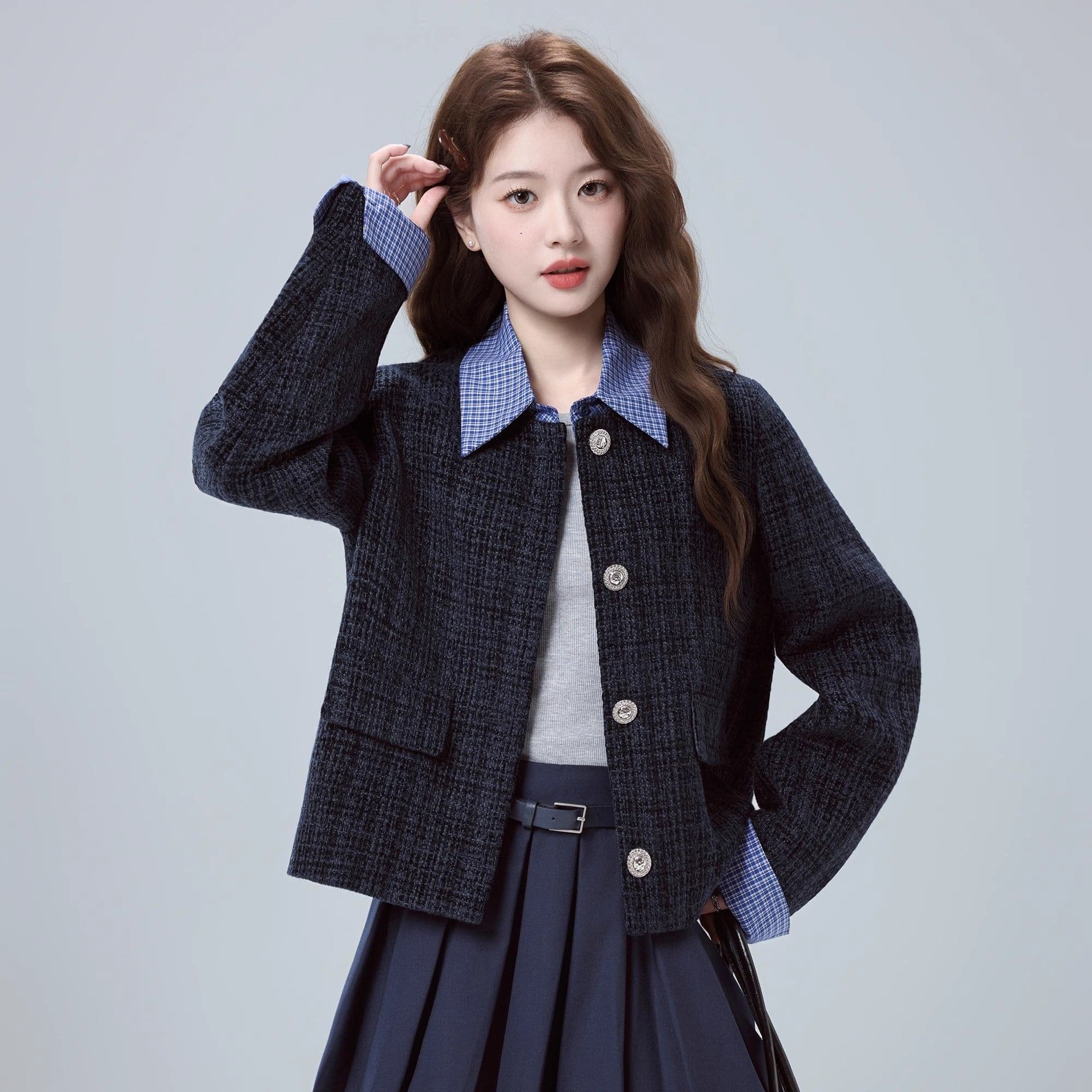 가을, 여성용 프랑스 스타일의 샤넬에서 영감을 받은 재킷, 고급스러운 컬러 블록 체크무늬 라펠 장식의 투피스 탑