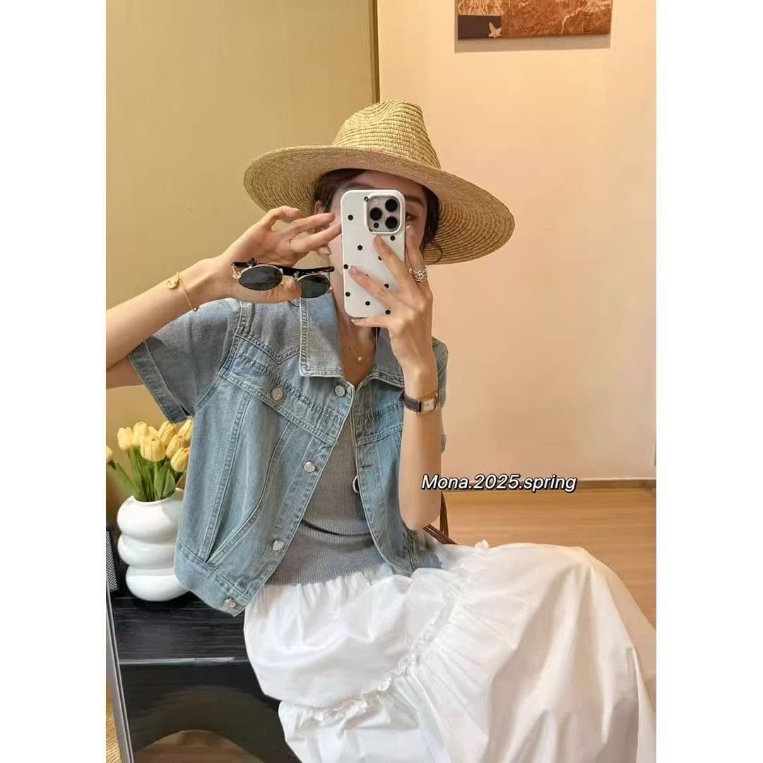 캐주얼 다용도 워싱 처리된 부드럽고 얇은 심플 슬림핏 여성용 반팔 데님 재킷