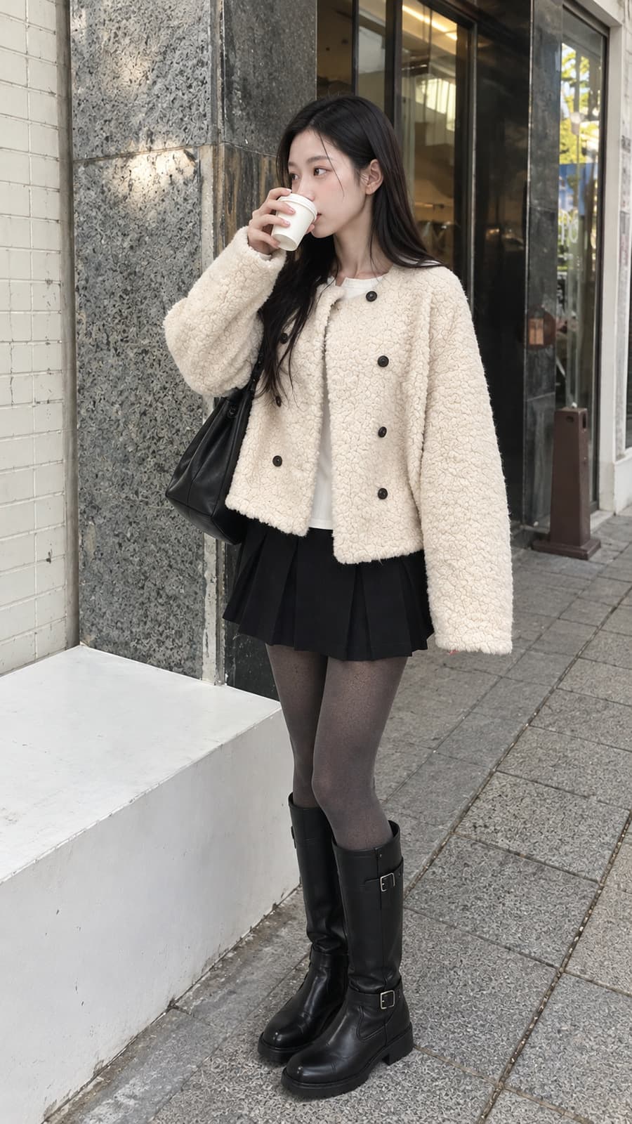 겨울 소프트 퍼 숏 재킷 라운드넥 더블 버튼 데일리 아우터 3