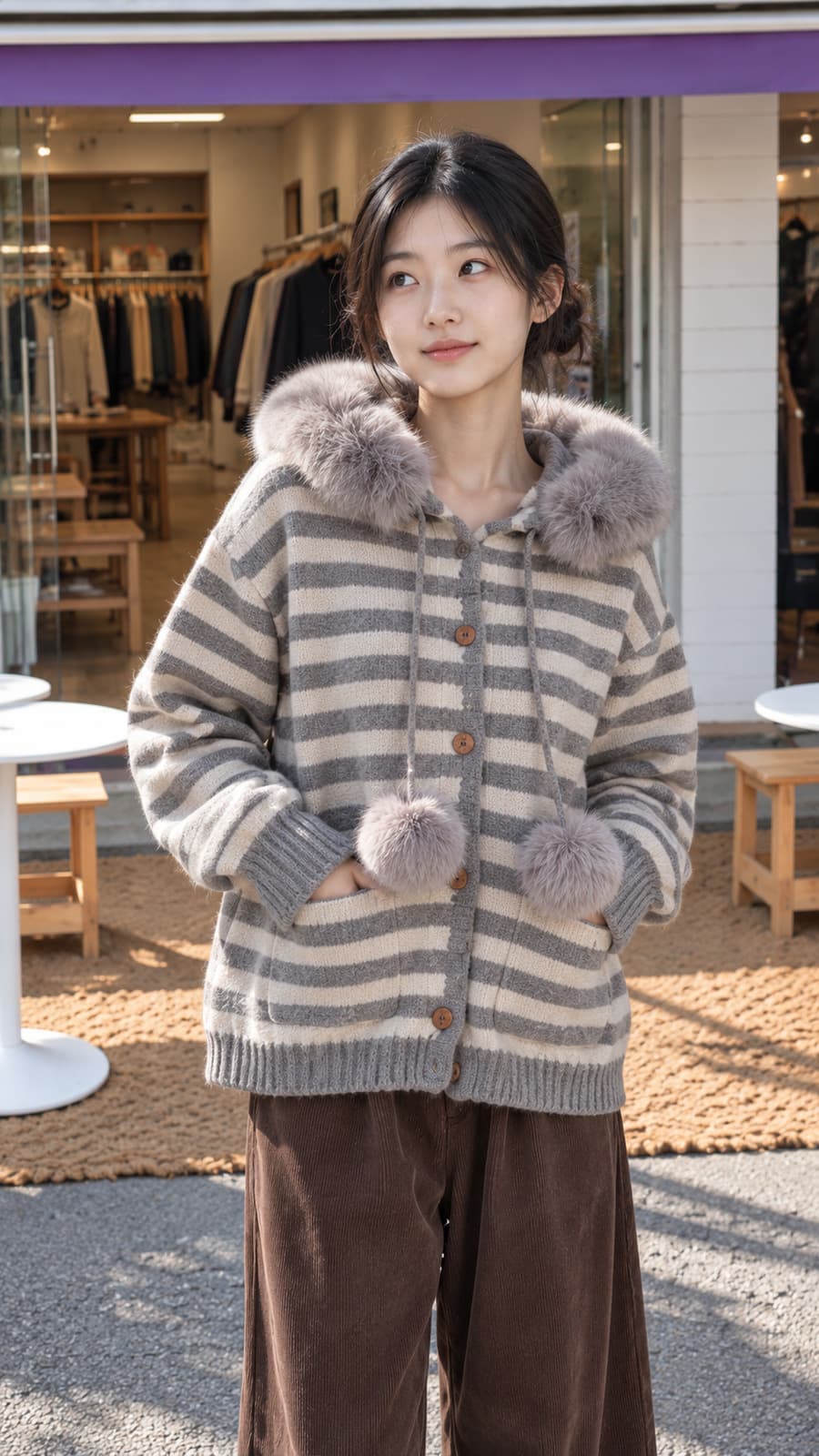 스트라이프 스웨터 코트