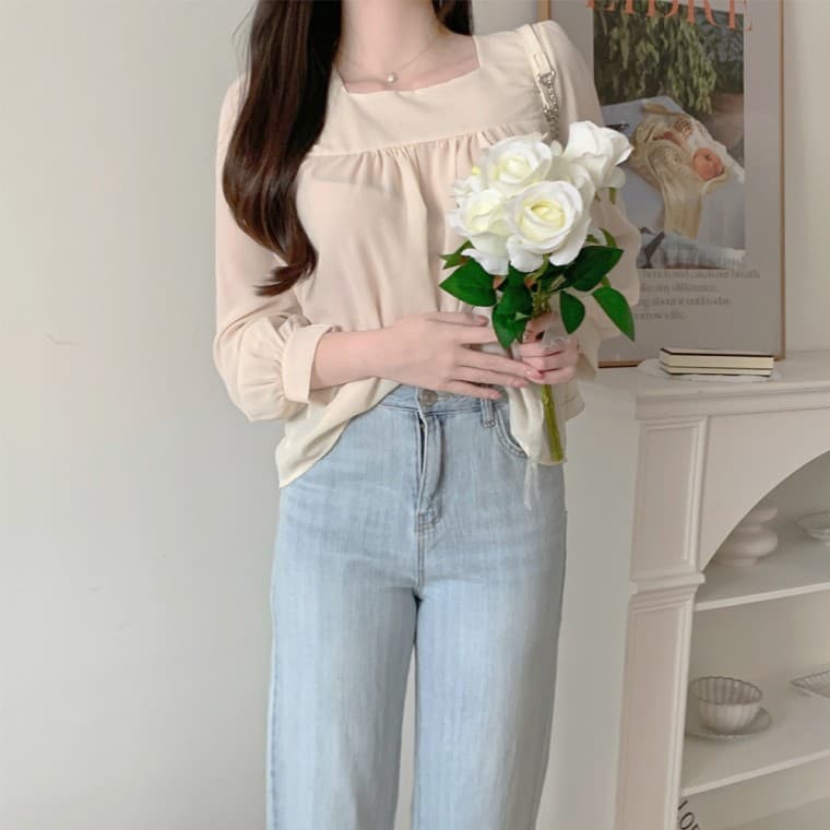 스퀘어넥 블라우스 쉬폰 프릴 봄 가을 여자 긴팔 상의