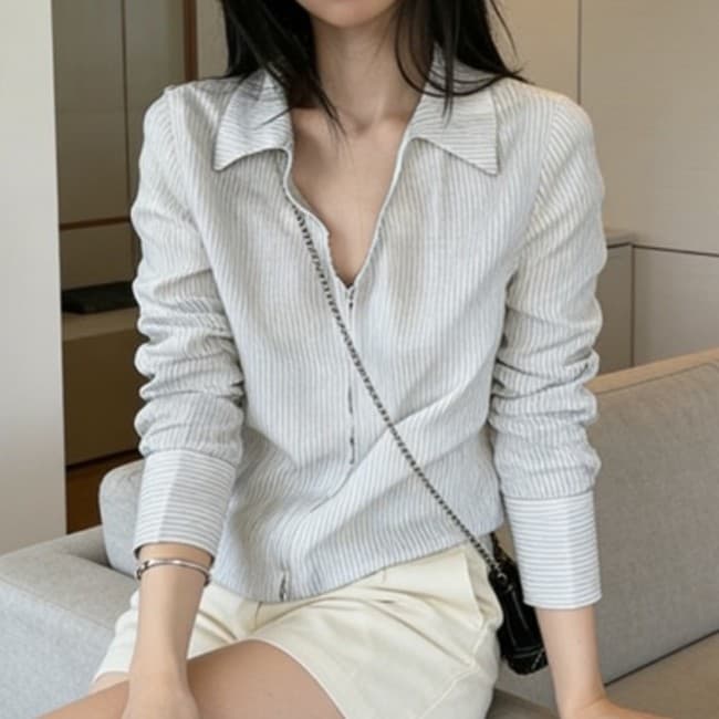 스트라이프 컴팩트 여성 오픈카라 집업 셔츠