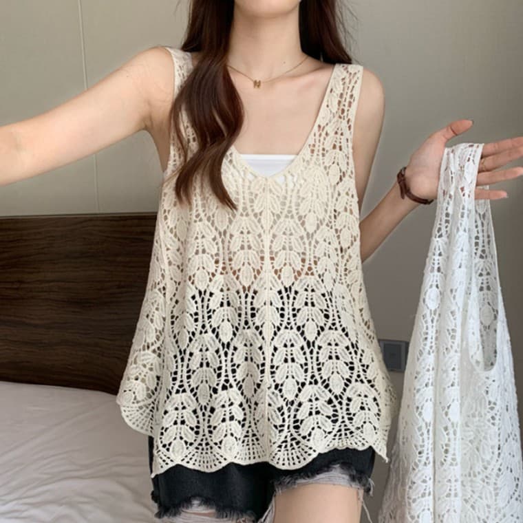 썸머 크로쉐 내츄럴 루즈핏 레이어드 나시