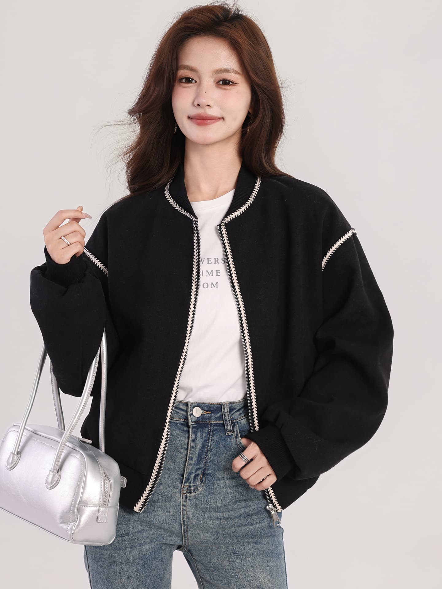 Already Shipment 2026 Autumn and Winter New Style Vintage Casual Short Style Baseball uniform Women Loose Fit Black Cardigan Jacket Coat