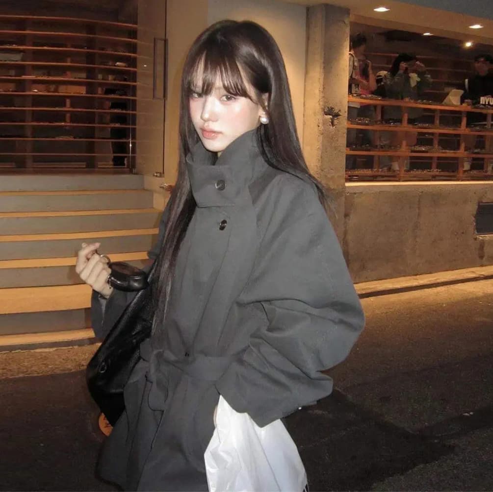크기 있음 업데이트 한국 보 주님 섹션 가을 겨울 분위기 센스 스탠드 칼라 허리 수축 레이스업 중간 길이 바람막이 여성 코트 2