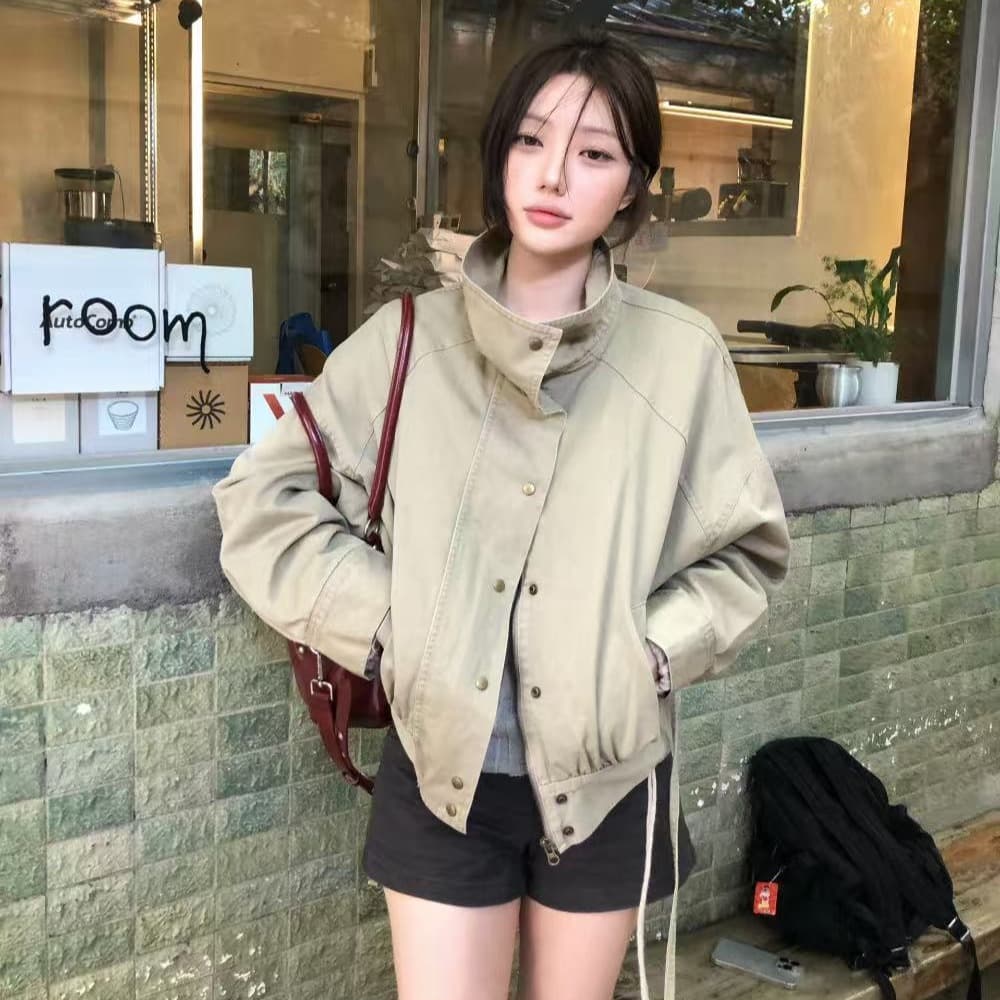 미니멀리즘 반하이넥 캐주얼 다용도 지퍼 루즈핏 허리 수축 바람막이 짧은 외투 재킷 3