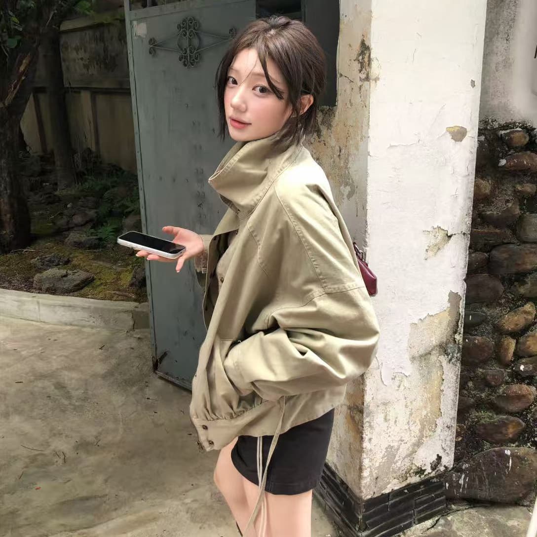 미니멀리즘 반하이넥 캐주얼 다용도 지퍼 루즈핏 허리 수축 바람막이 짧은 외투 재킷 2