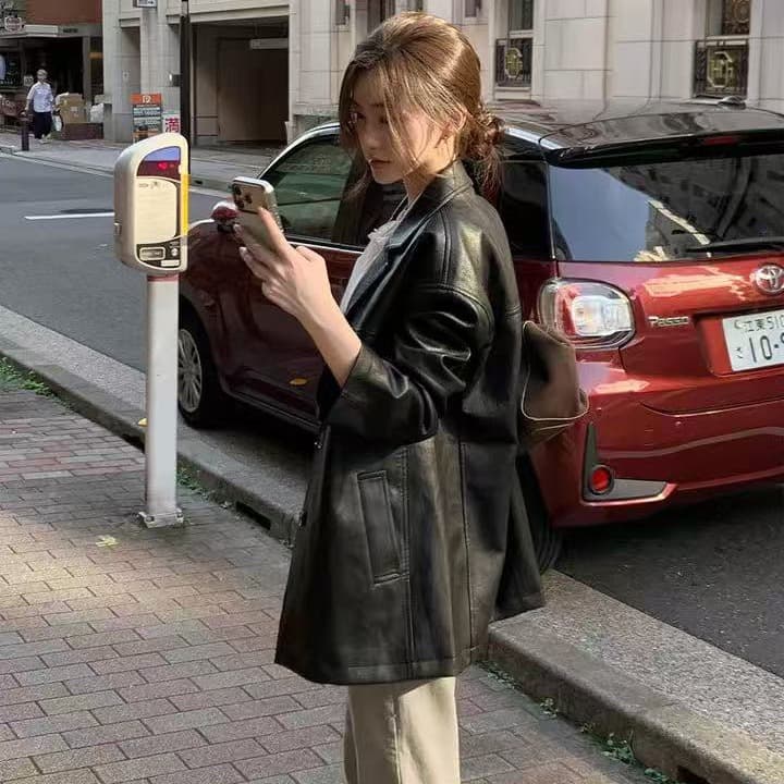미니멀리즘 출퇴근 섹션 정장 칼라 PU 가죽 외투 정장 3