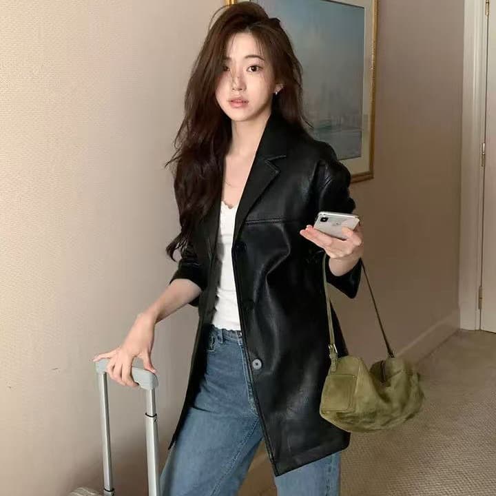 미니멀리즘 출퇴근 섹션 정장 칼라 PU 가죽 외투 정장 2