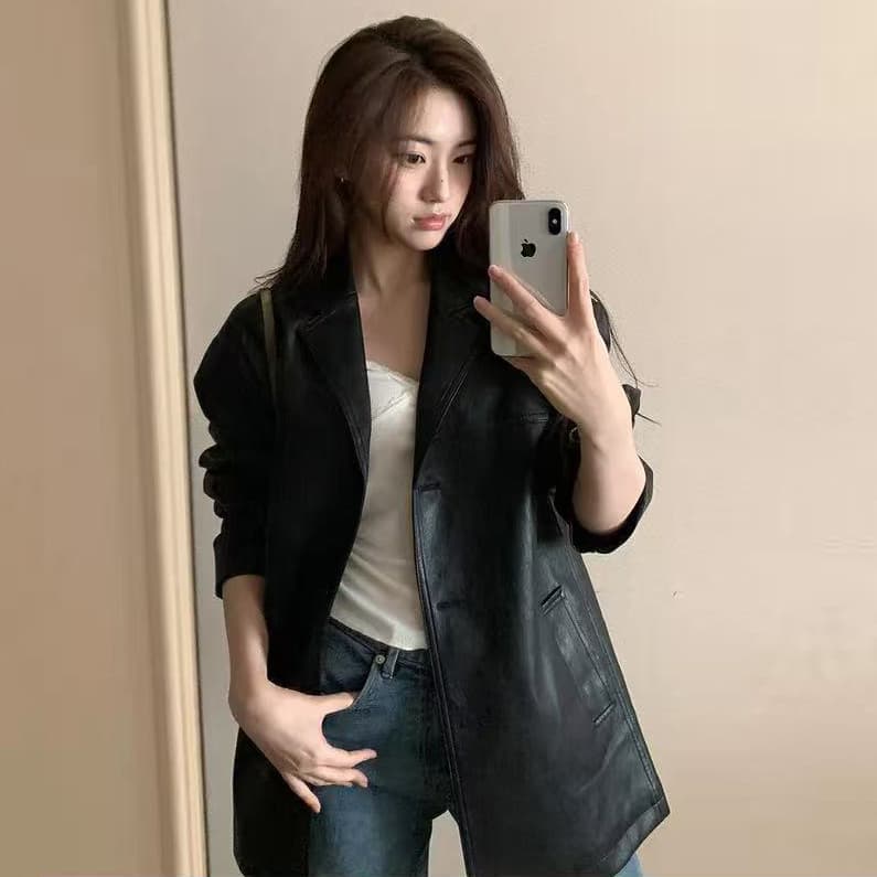 미니멀리즘 출퇴근 섹션 정장 칼라 PU 가죽 외투 정장 4