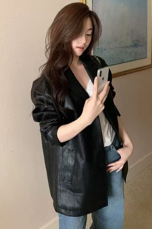 미니멀리즘 출퇴근 섹션 정장 칼라 PU 가죽 외투 정장 6