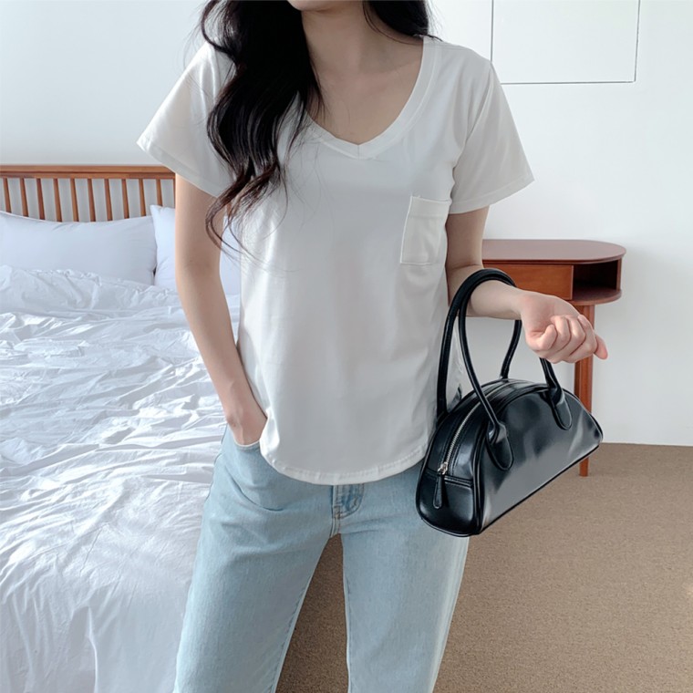 여자 여름 상의 브이넥 무지 포켓 스판 반팔 티셔츠