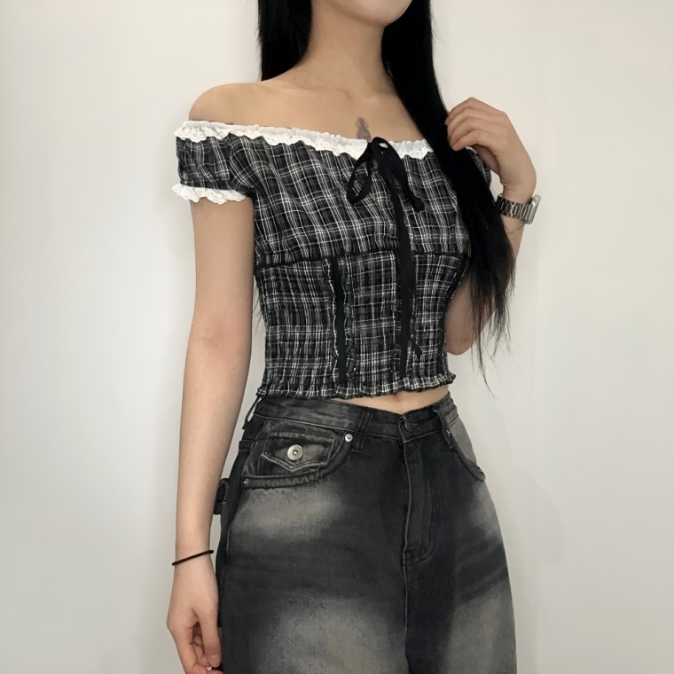 여성 체크 레이스 퍼프 스모크 밴딩 크롭 블라우스