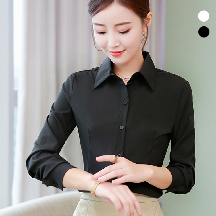 긴팔 카라 여성 셔츠 베이직 무지 슬림핏 허리라인 블라우스