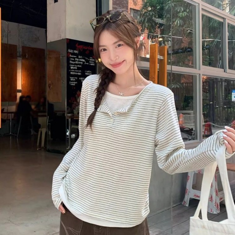 헨리넥 잔가라 레이어드 긴팔 여리핏 티셔츠